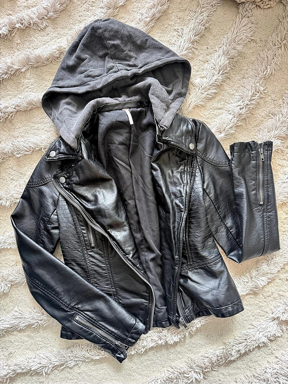 Free People Harriett Hooded Faux Leather Moto Jacket Black